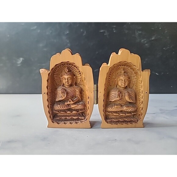 Wooden Folding Hands In Prayer Budda Inside Vintage Religious Home Decor - Picture 1 of 10